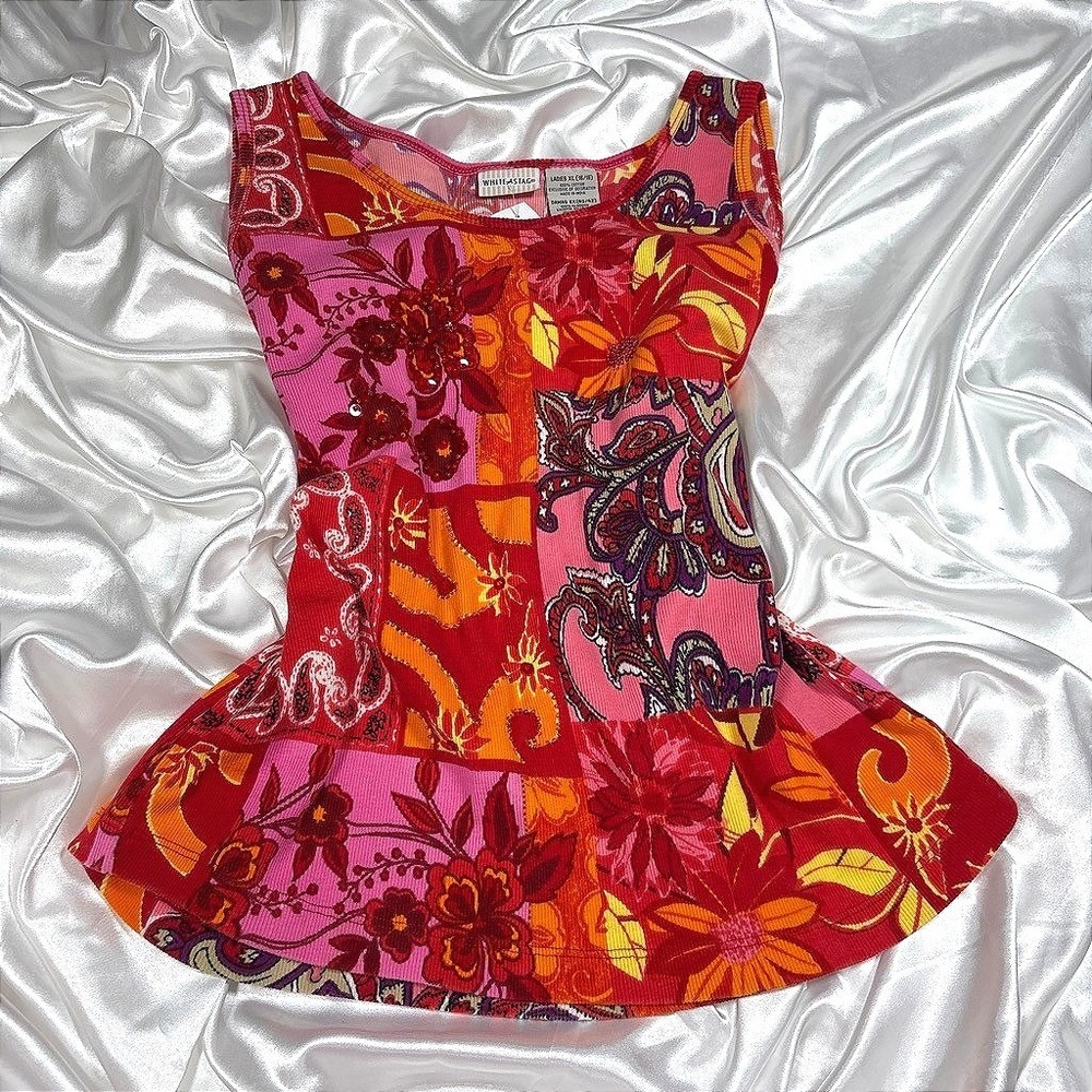 y2k vibrant Tank Top Red Patchwork Floral Paisley Sequin White Stag